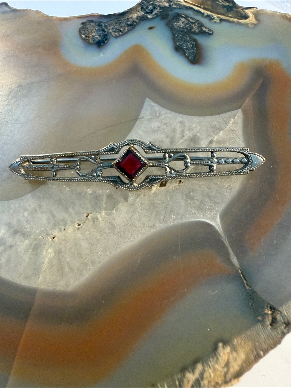 Vintage art deco Silver Filigree Bar Brooch Red Stone Guc 2”  Daint